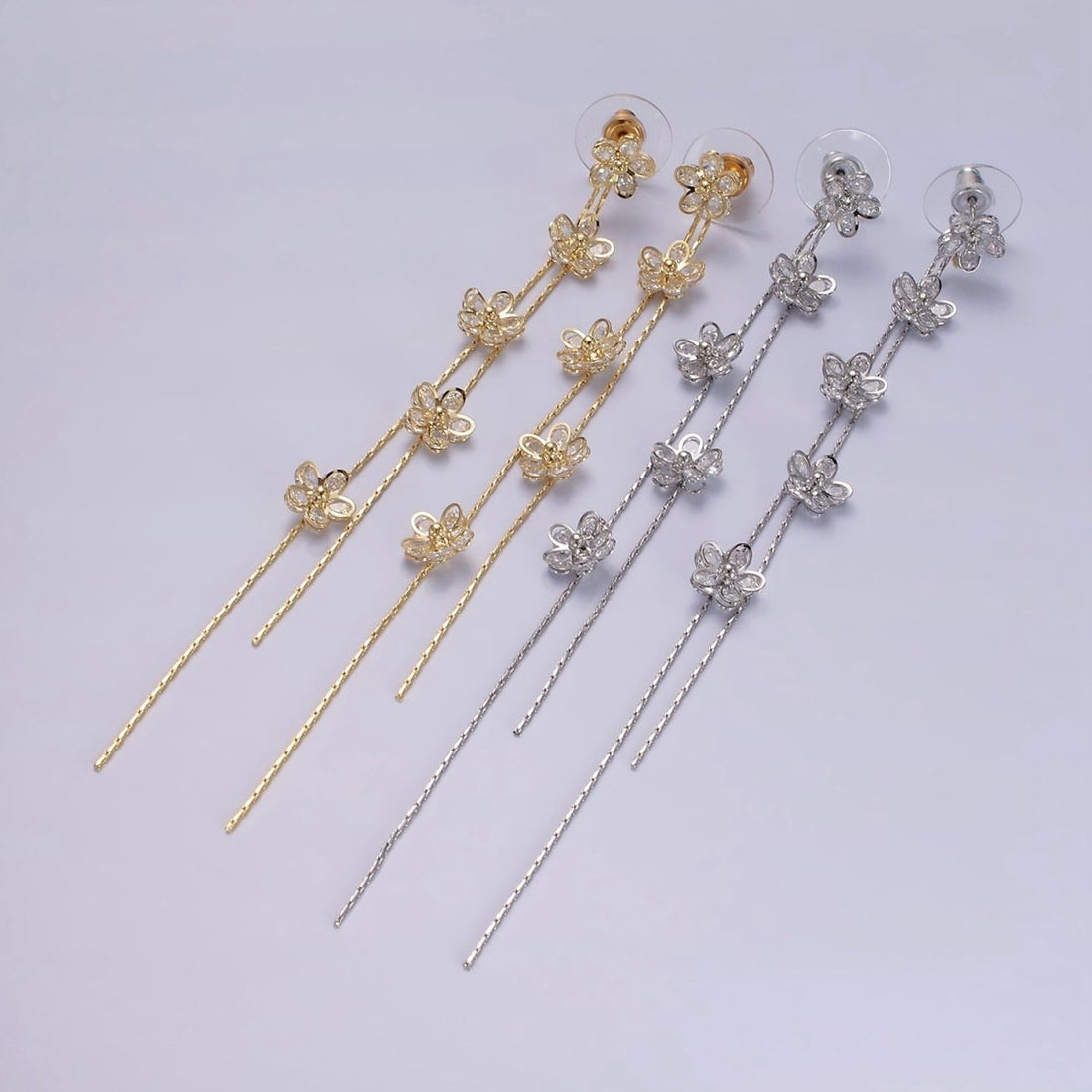 115mm Multiple Clear CZ Flower Double Linear Drop Stud Earrings in Gold &amp; Silver | AE279 AE280