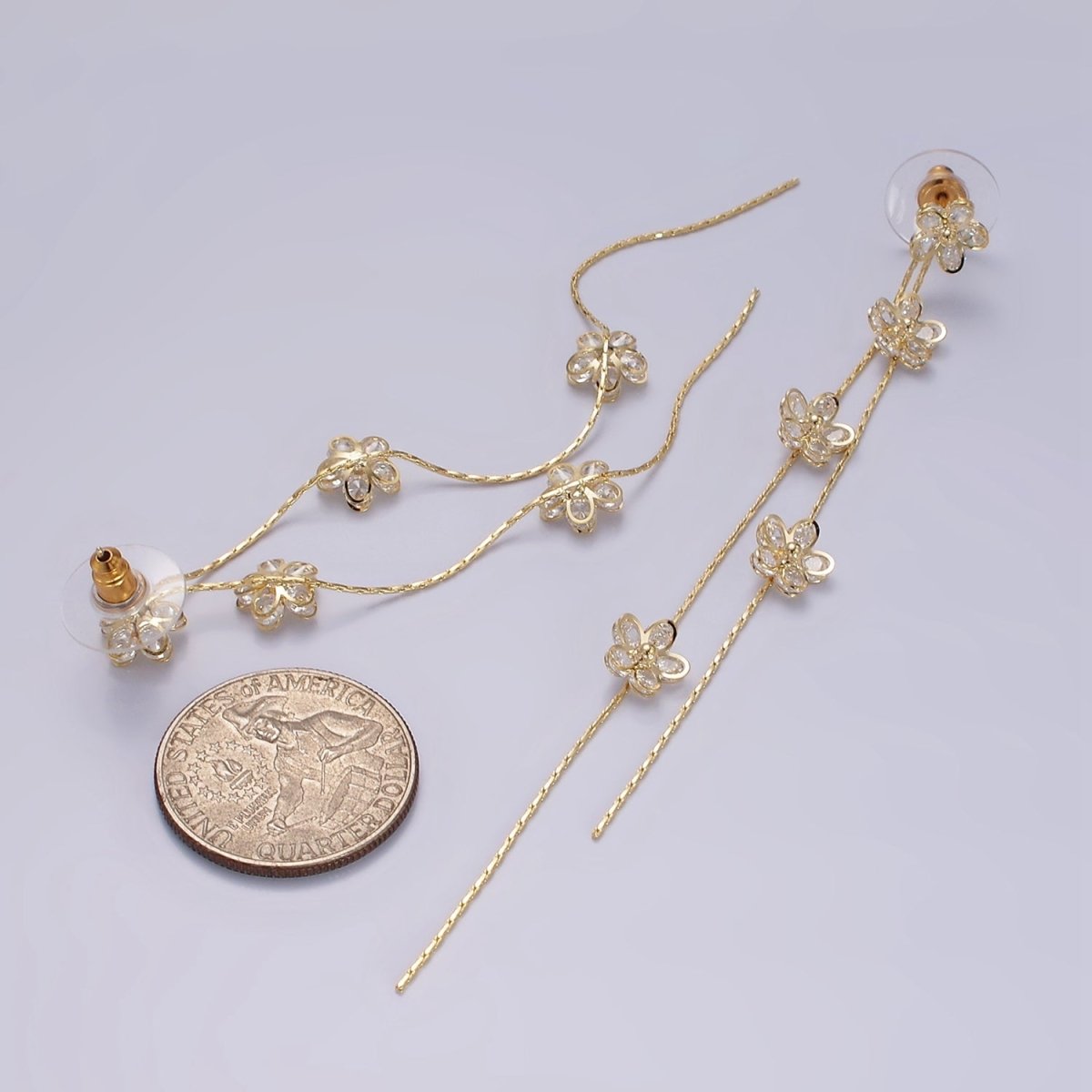 115mm Multiple Clear CZ Flower Double Linear Drop Stud Earrings in Gold &amp; Silver | AE279 AE280