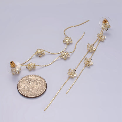 115mm Multiple Clear CZ Flower Double Linear Drop Stud Earrings in Gold &amp; Silver | AE279 AE280