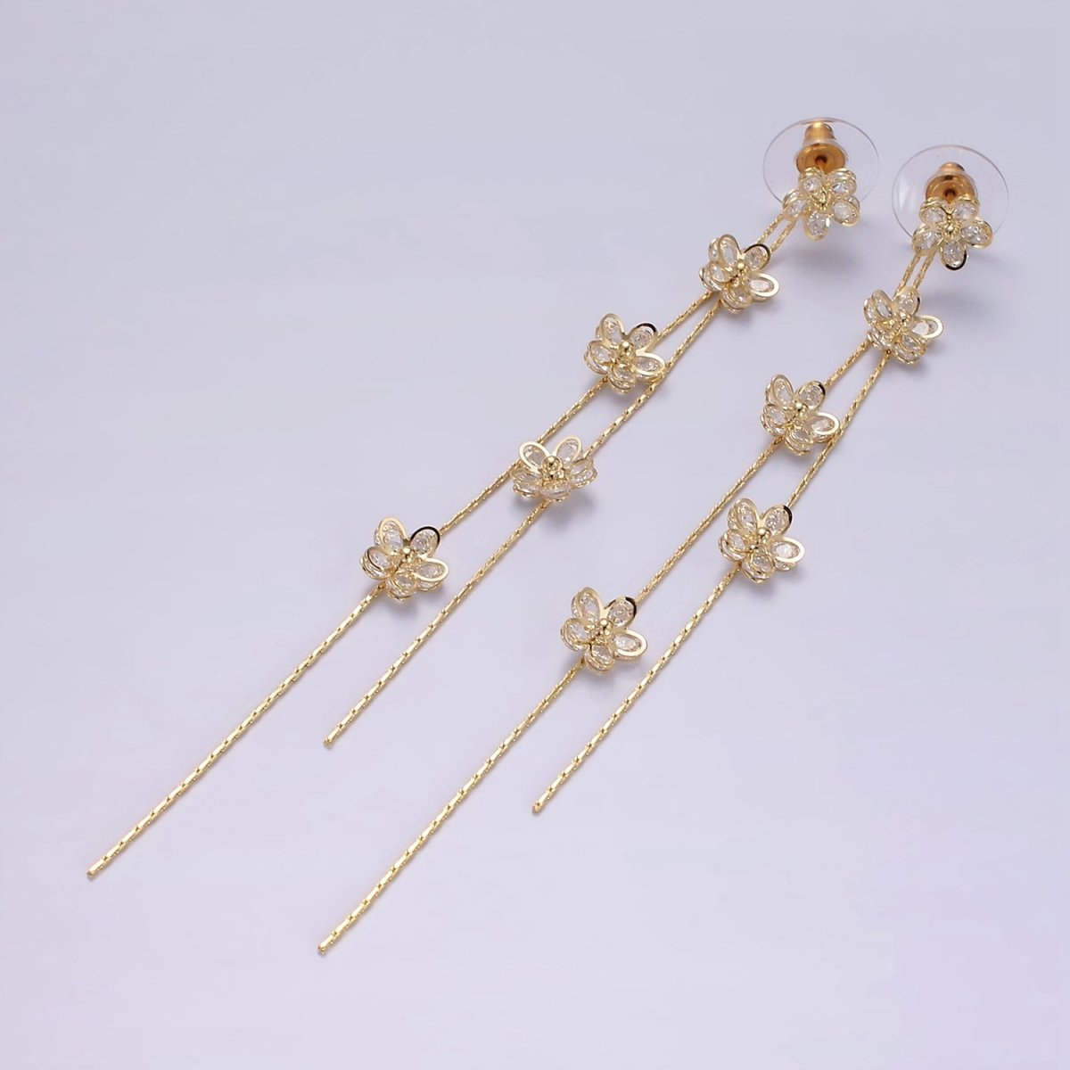 115mm Multiple Clear CZ Flower Double Linear Drop Stud Earrings in Gold &amp; Silver | AE279 AE280