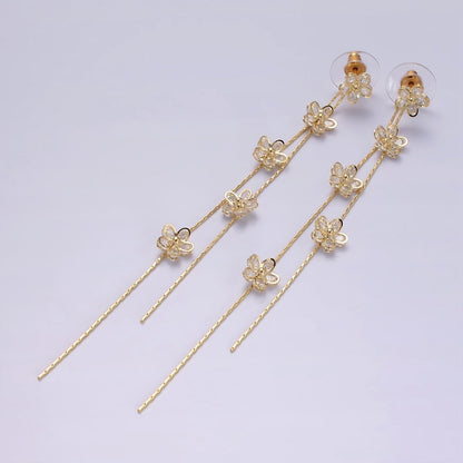 115mm Multiple Clear CZ Flower Double Linear Drop Stud Earrings in Gold &amp; Silver | AE279 AE280