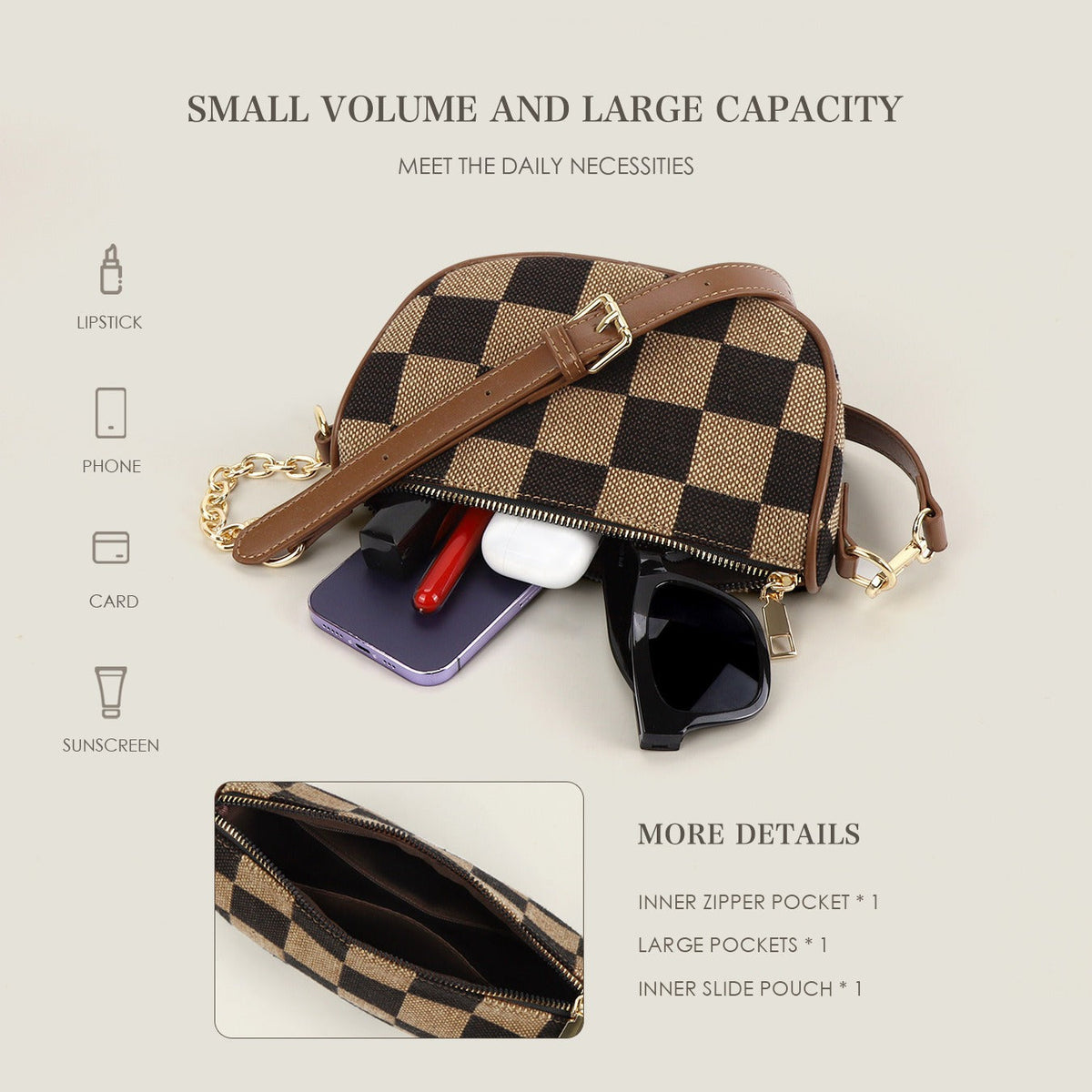 Small Crossbody Bag – Versatile Commute with Checkerboard Canvas, Compact Earphone Bag, Stylish 2-in-1 Chest Bag &amp; Fanny Pack for Everyday Use