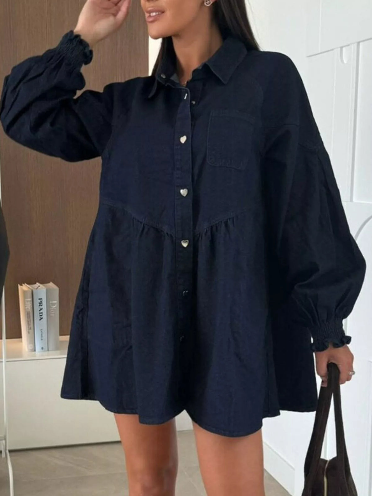 Button Down Mini Denim Dress with Front Pockets
