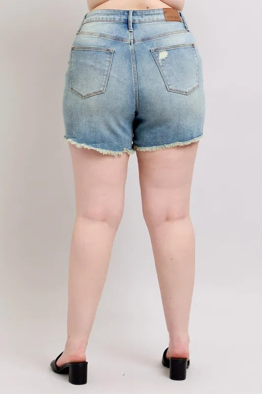Judy Blue Full Size High Rise Washed Fly Stitch Detail and Destroy Denim Shorts Plus Size