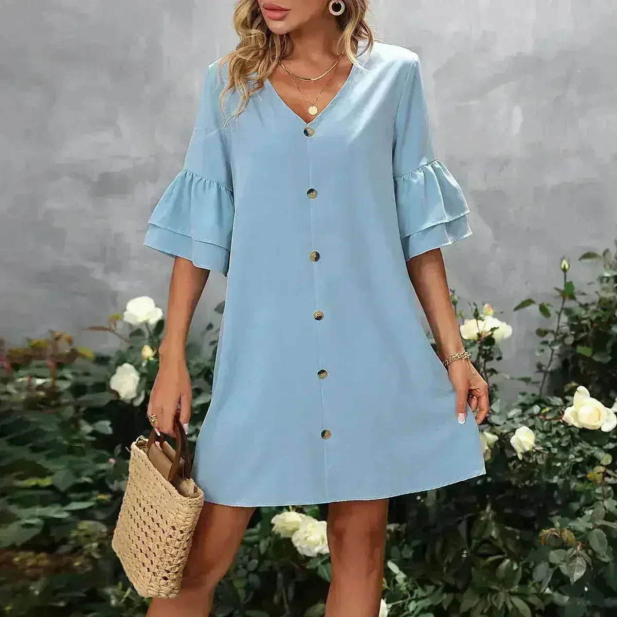 V-Neck Mini Dress – Ruffled Detail &amp; Decorative Buttons