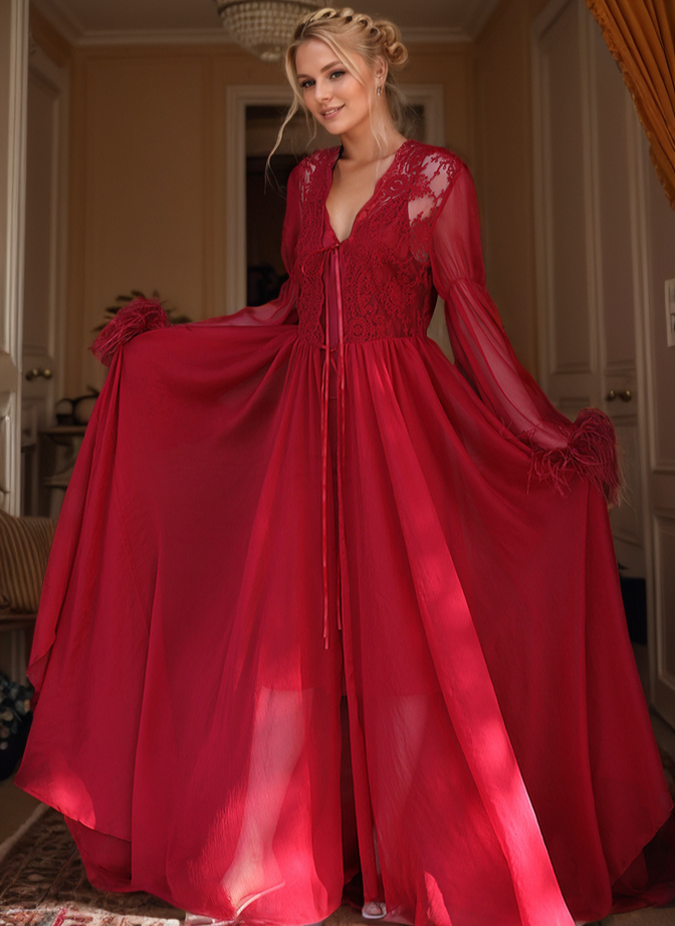 Ethereal Lace &amp; Feather-Trimmed Sheer Bridal Robe – Vintage Luxury Loungewear