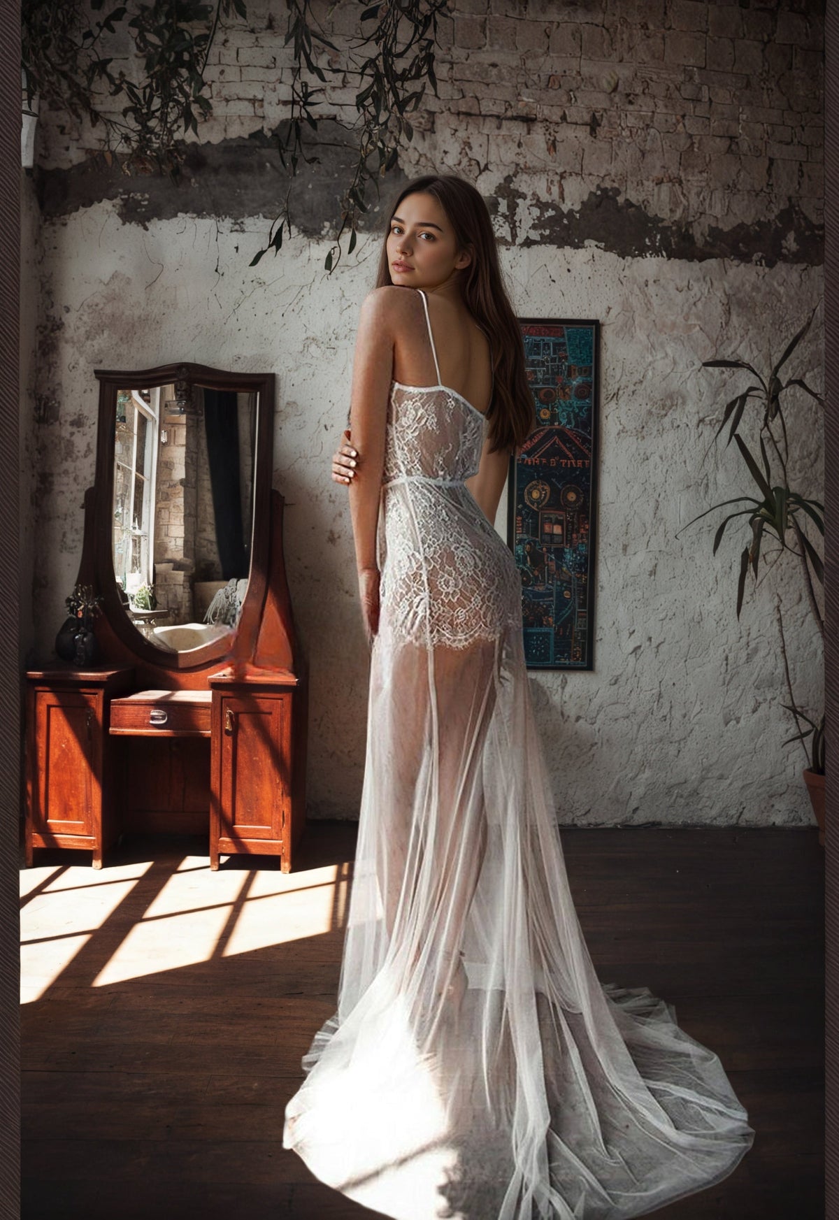 Ethereal Lace Sheer Long Robe with Flowing Train – Elegant Bridal Boudoir Gown
