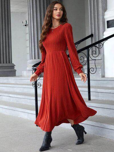 Ribbed Round Neck Long Sleeve Dress for Effortless Style