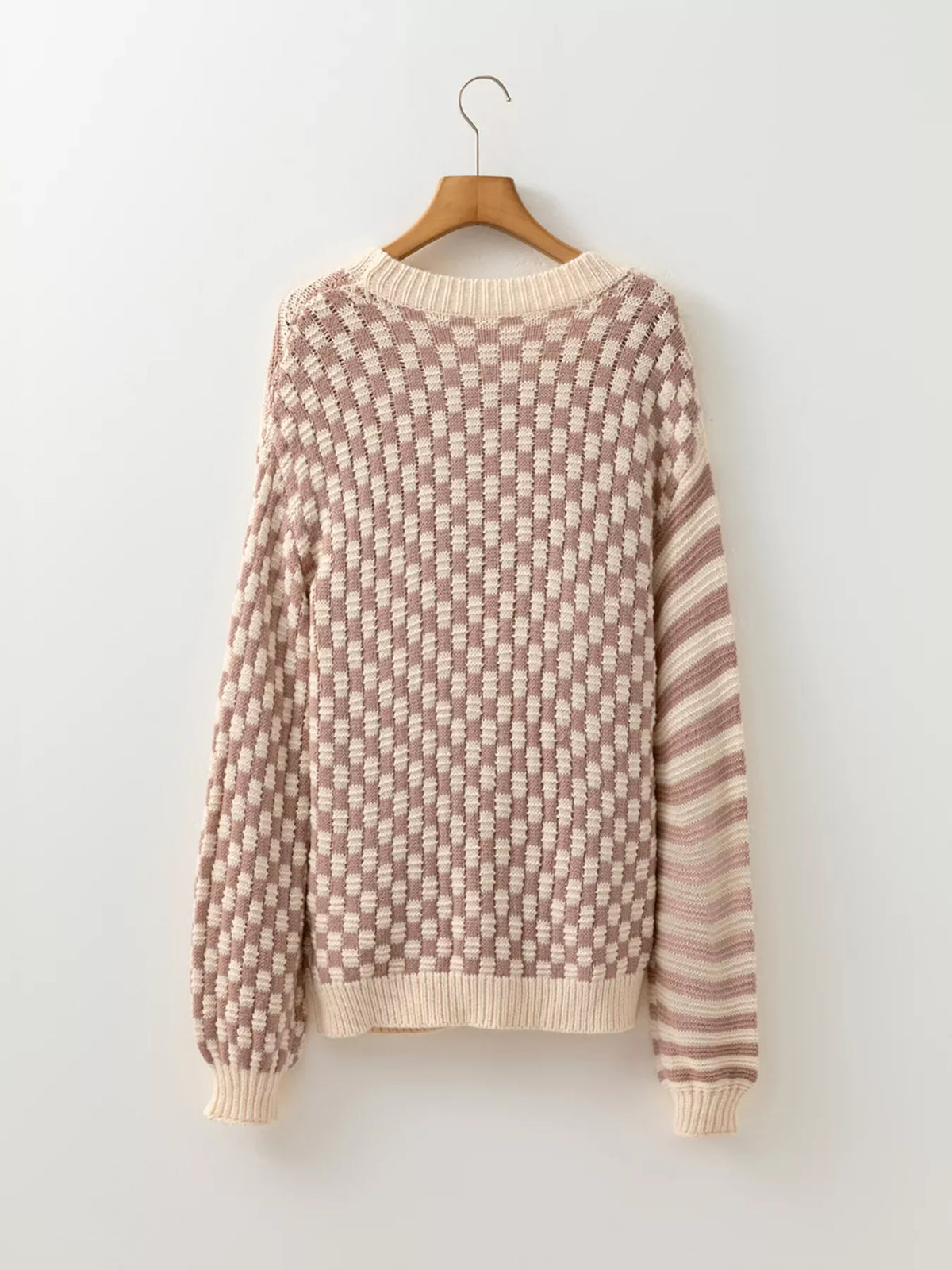 Checkerboard &amp; Striped Pattern Knit Sweater