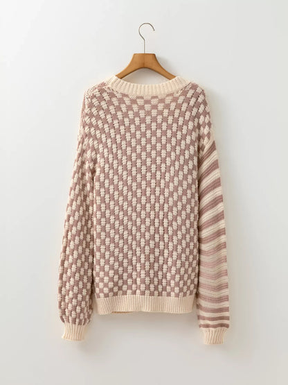 Checkerboard &amp; Striped Pattern Knit Sweater