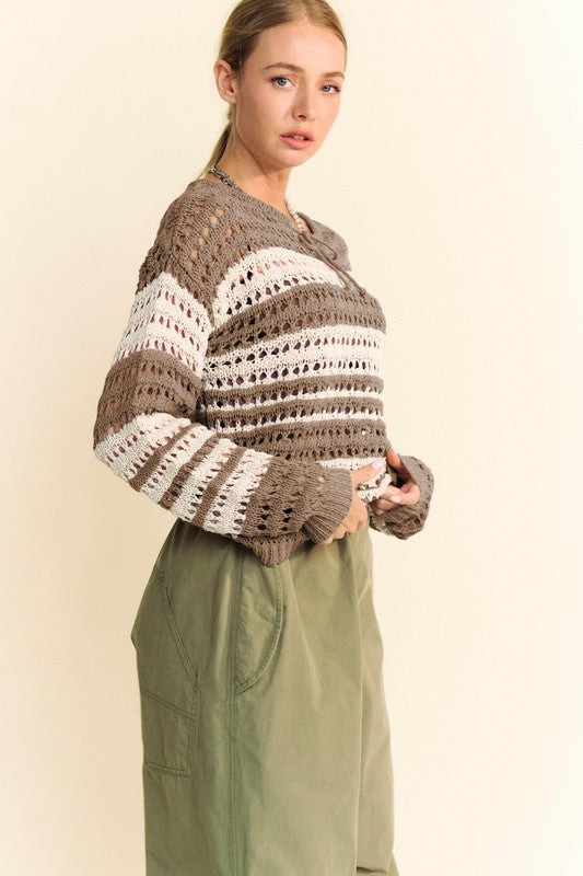 Back To School Sweater - Davi &amp; Dani Contrast Striped Crochet Drop Shoulder Knit Cover Up