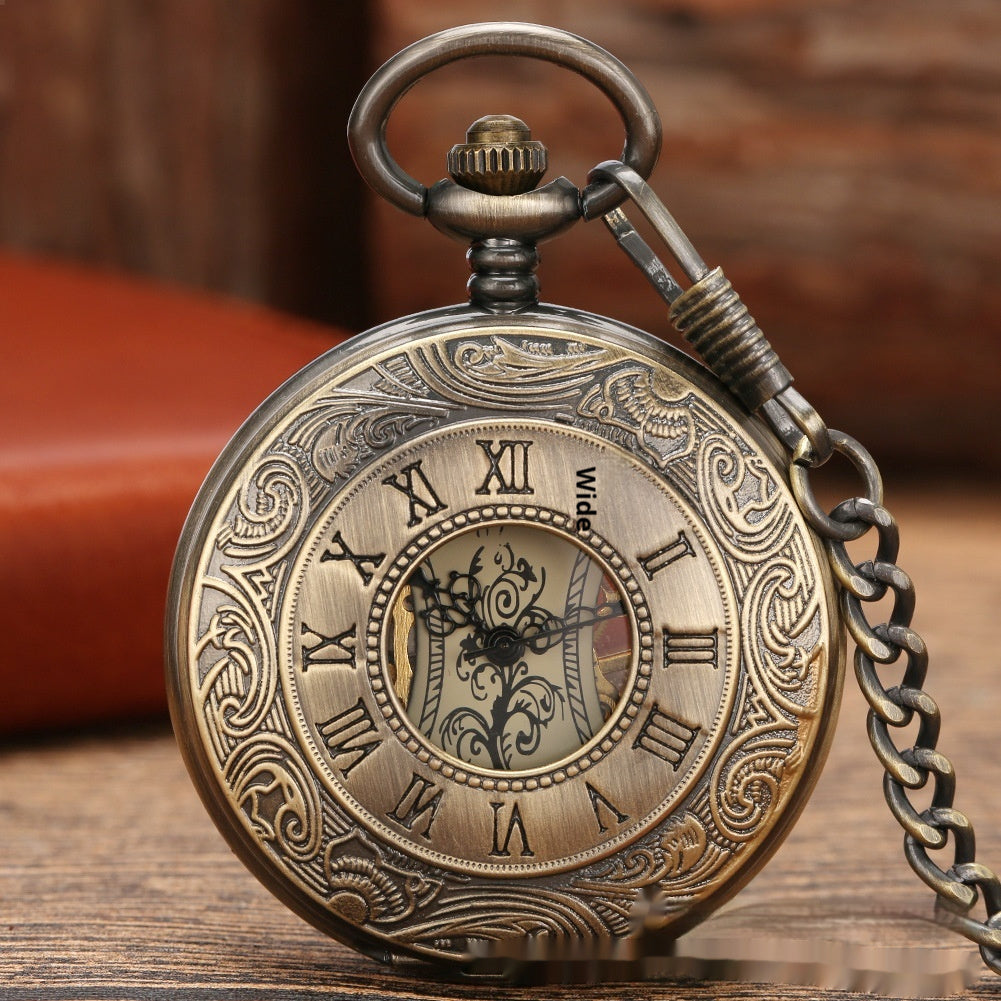 Retro Flip-Open Patterned Dual-Display Pocket Watch