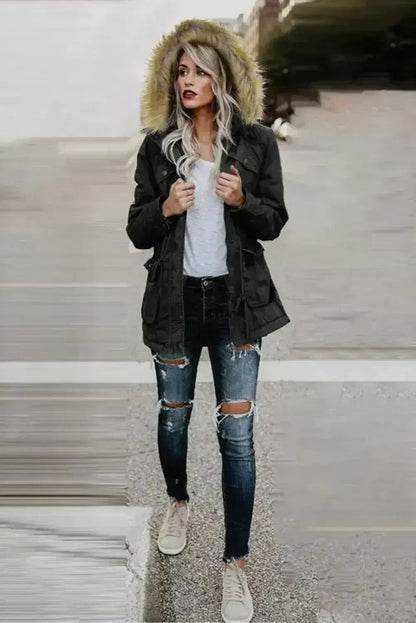 Zipper Snaps Pocket Plush Hooded Parka Jacket