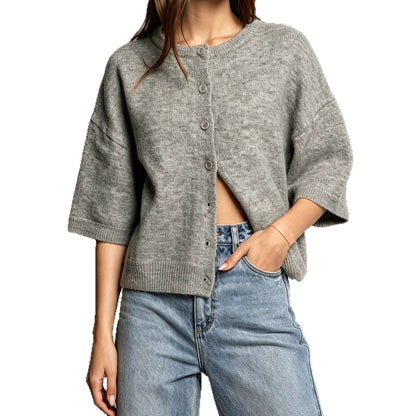 2026 Autumn Cross Border Round Neck Mid Sleeve Knitted Wool Cardigan Women&
