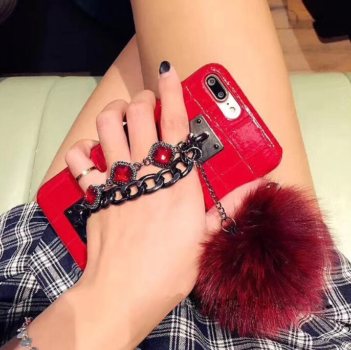 Mobile Phone Case with Fox Fur Ball Studded Anti-Fall Protection