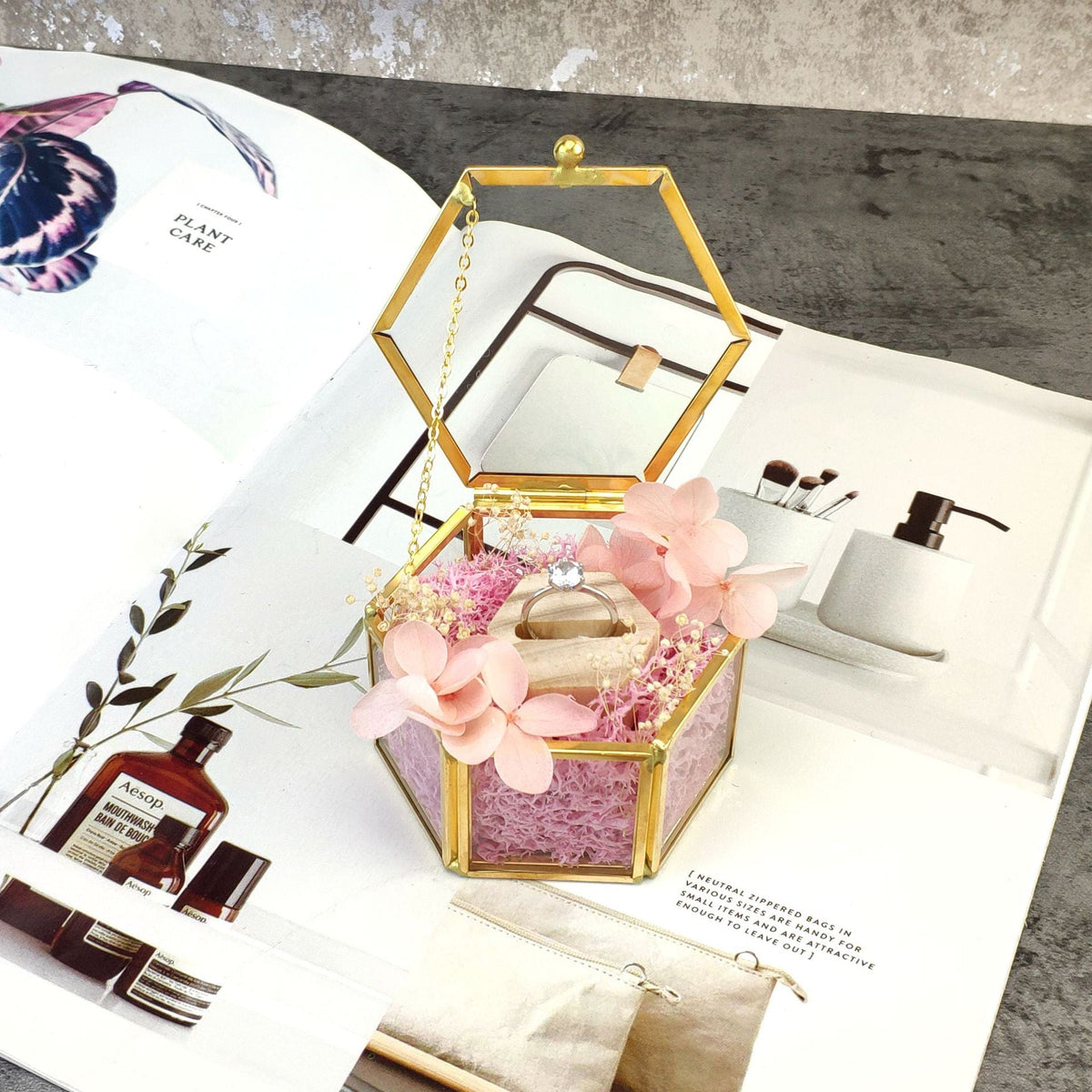 Mini Gold Eternal Flower Hexagon  Glass Jewellery Ring Box
