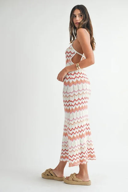 MABLE Lightweight Pointelle Chevron Knit Maxi Dress