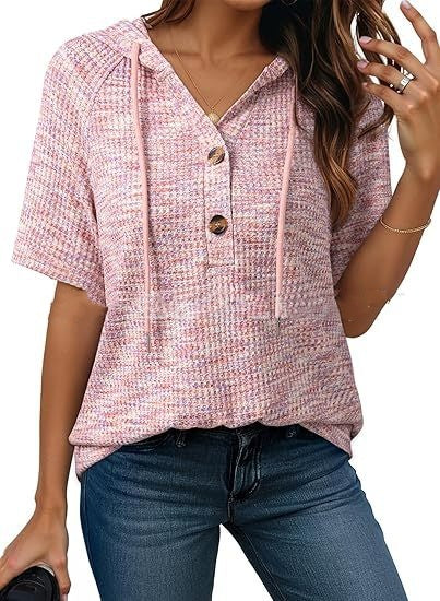 Short-sleeve Buttoned V-neck Waffle-knit Hooded Top