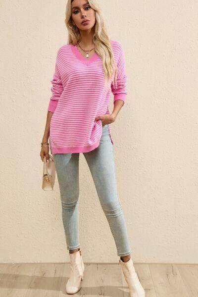 Striped V-Neck Dropped Shoulder Sweater for Women