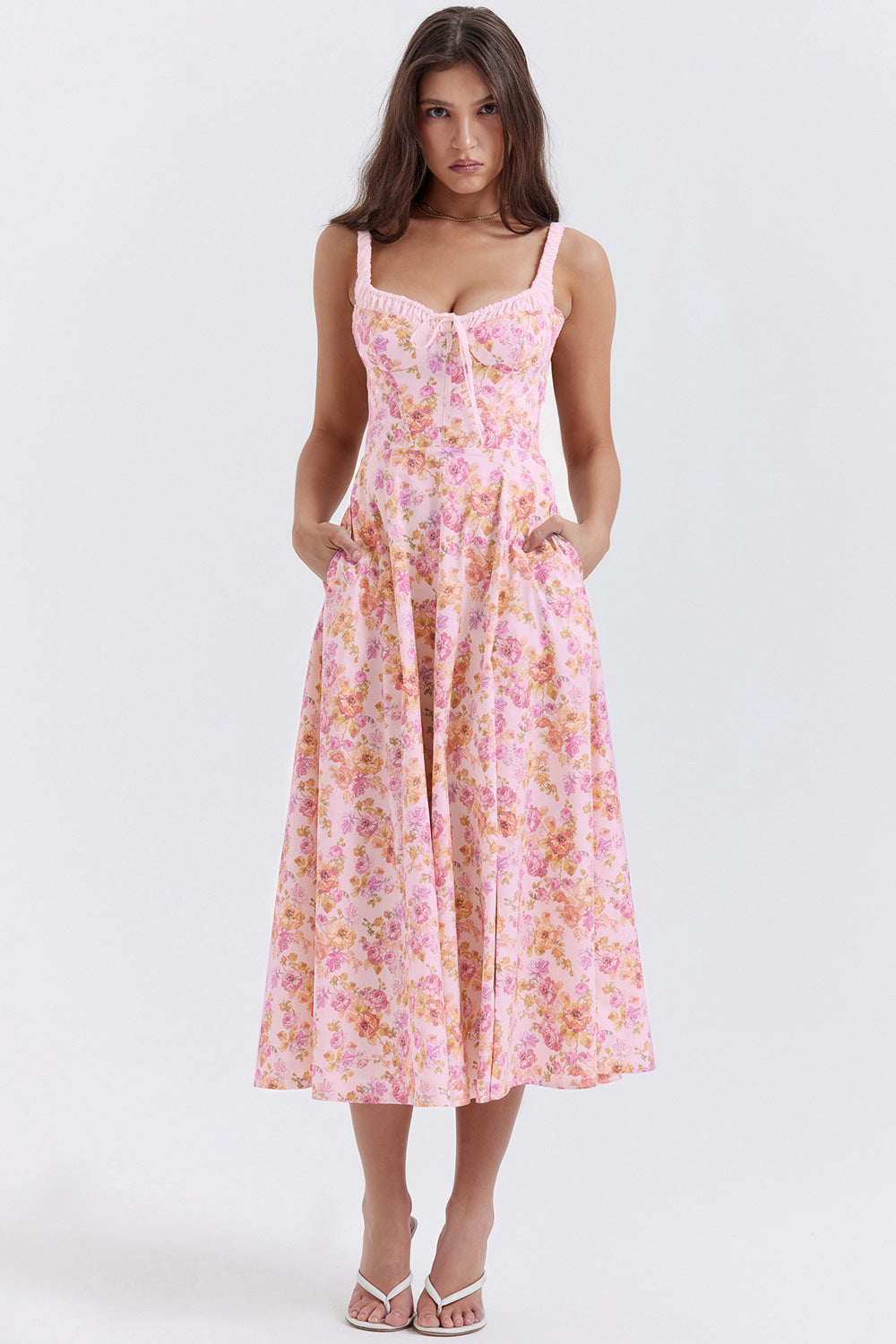 Spring Summer Women Printed Cami Dress Sexy Backless Slit Mid Length Dress for Women