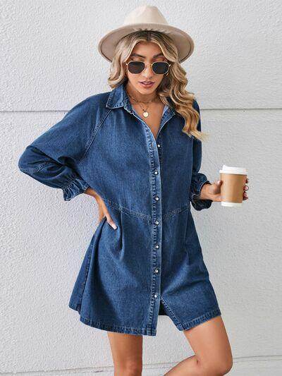 Button Up Flounce Sleeve Mini Denim Dress for Women