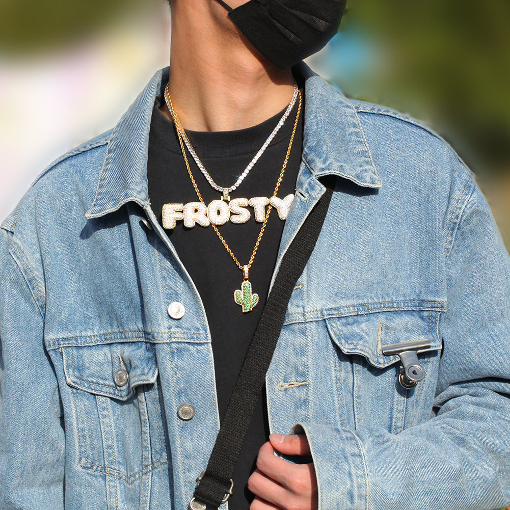Hip-hop solid cactus zircon-encrusted pendant