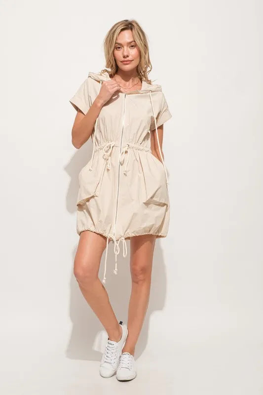 And The Why Short Sleeve String Details Hooded Mini Dress
