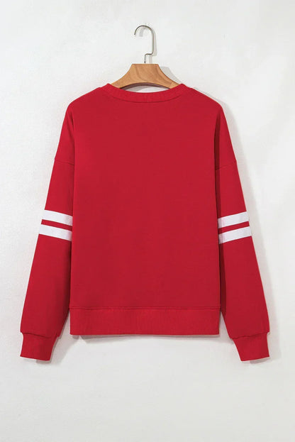Fiery Red Striped Sleeve Loose Fit Sweatshirt - Femstylo
