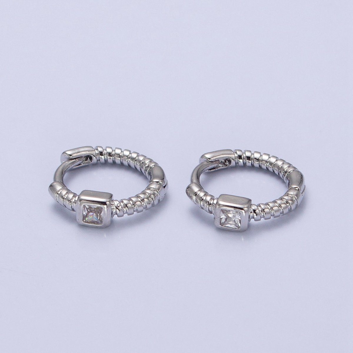 12.5mm Twisted Clear Square CZ Line Textured Huggie Earrings in Gold &amp; Silver | AB410 AB411