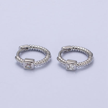 12.5mm Twisted Clear Square CZ Line Textured Huggie Earrings in Gold &amp; Silver | AB410 AB411