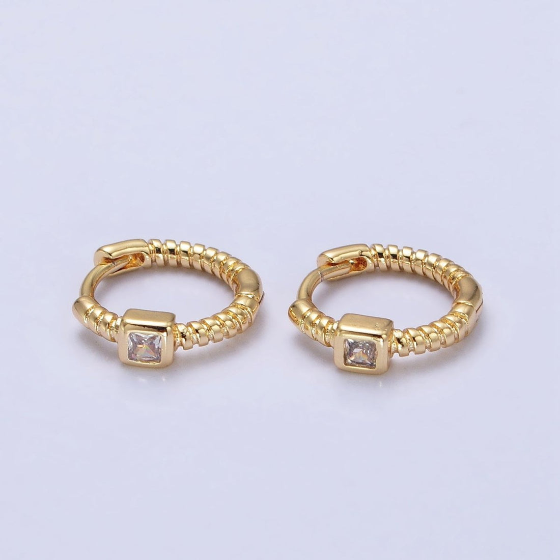 12.5mm Twisted Clear Square CZ Line Textured Huggie Earrings in Gold &amp; Silver | AB410 AB411