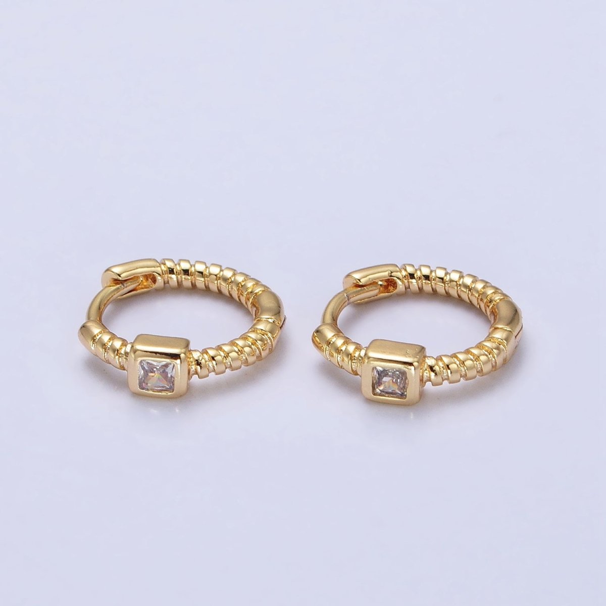 12.5mm Twisted Clear Square CZ Line Textured Huggie Earrings in Gold &amp; Silver | AB410 AB411