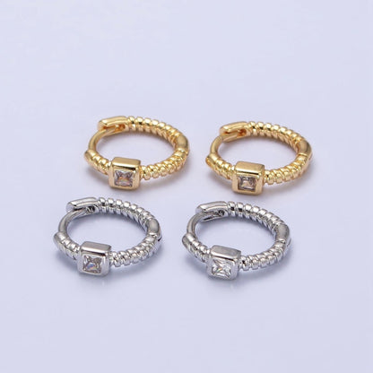 12.5mm Twisted Clear Square CZ Line Textured Huggie Earrings in Gold &amp; Silver | AB410 AB411