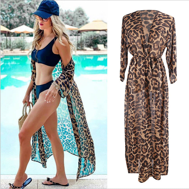 Chiffon Leopard Dot Bikini Cover-Up ¨C Sheer Resort Cardigan, Beach Kimono Sun Protection Dress