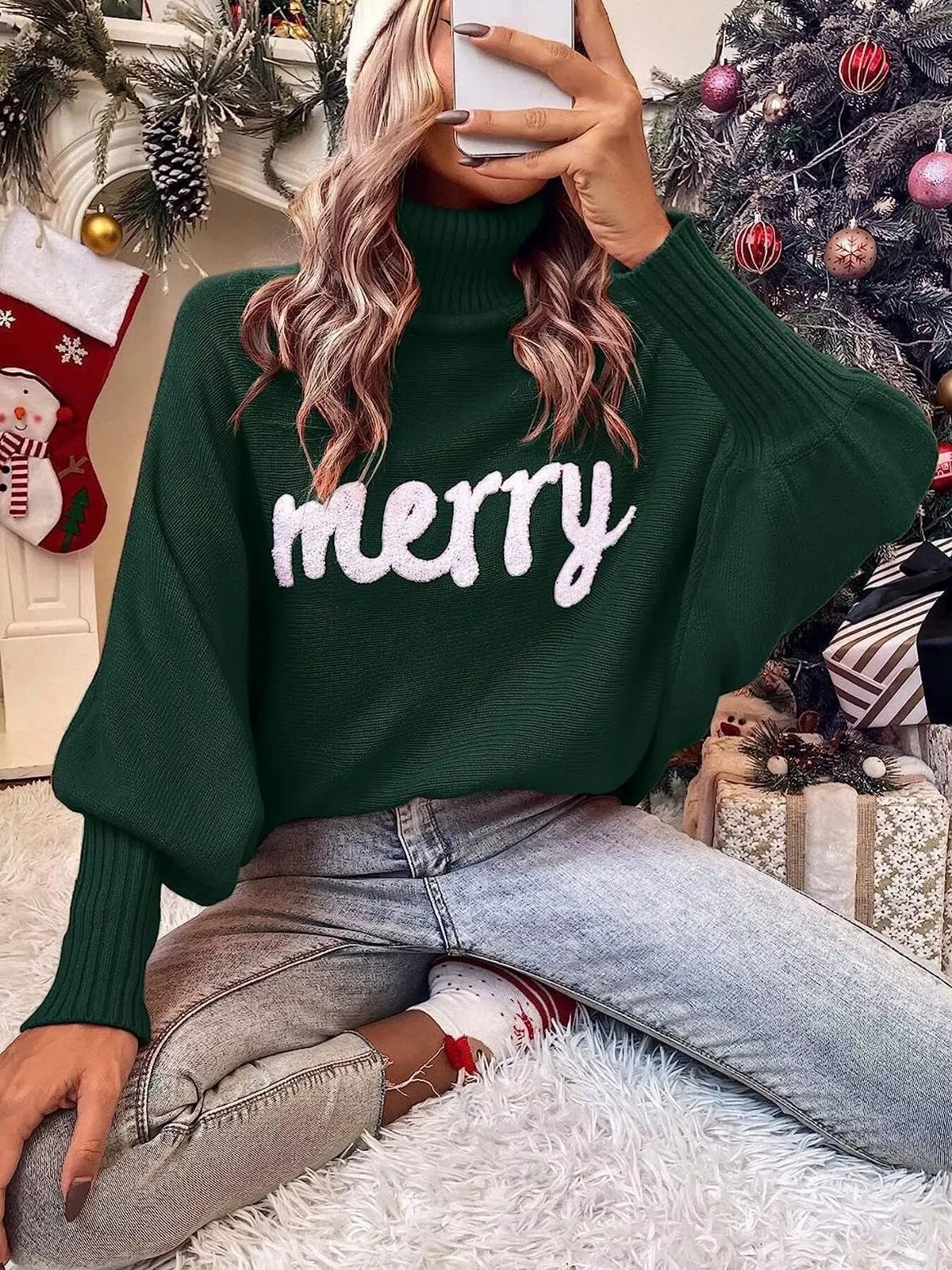 Merry Turtleneck Long Sleeve Christmas Sweater
