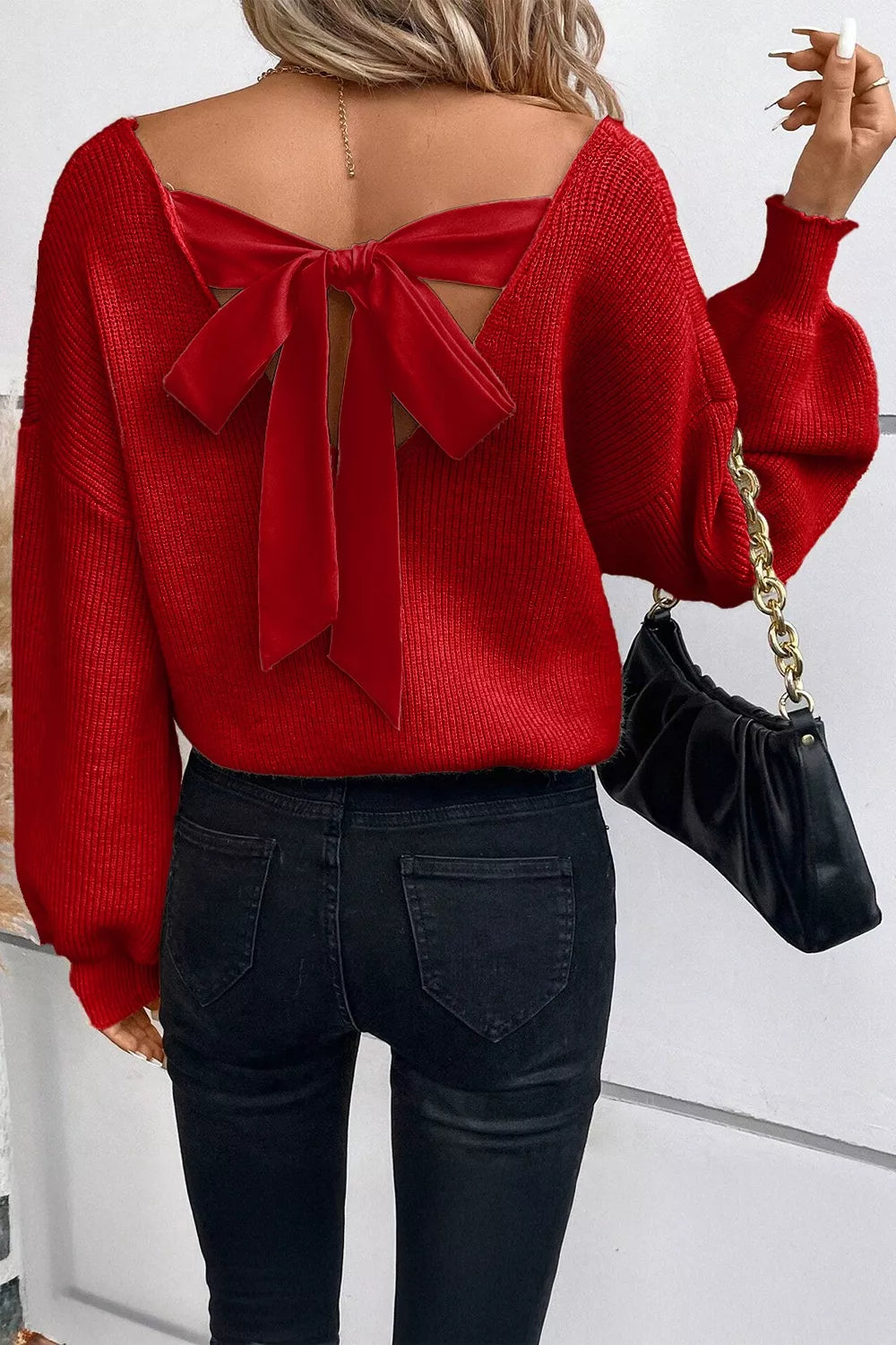 Lantern Sleeve V Neck Knot Back Sweater