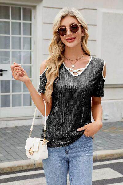Sequin Crisscross V-Neck Cold Shoulder Blouse for Women