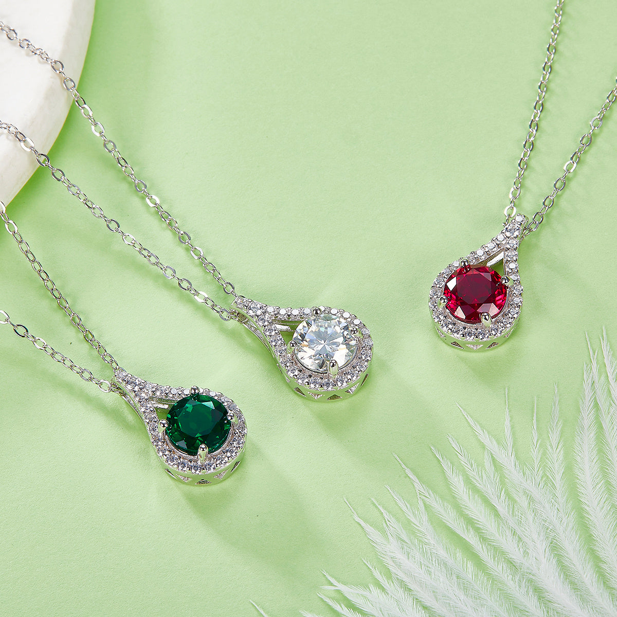 S925 Sterling Silver Teardrop Halo Necklace, 1ct Moissanite &amp; Lab-Grown Ruby&amp;Emerald, Platinum Plated Pendant With GRA Certificate Gift Box