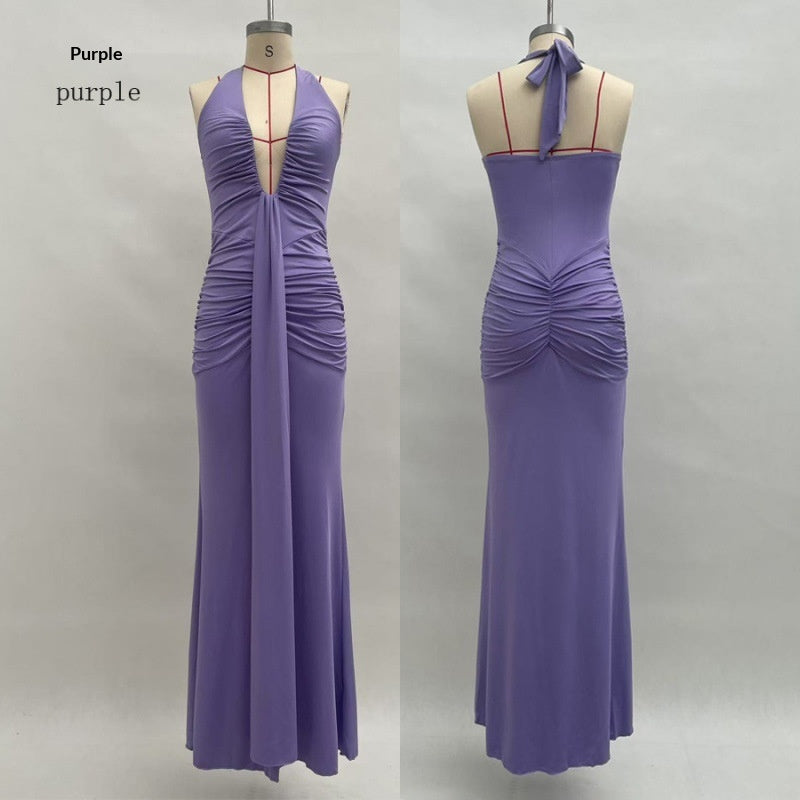 Solid Color Elegant Halter Deep V Waist-slimming Long Dress
