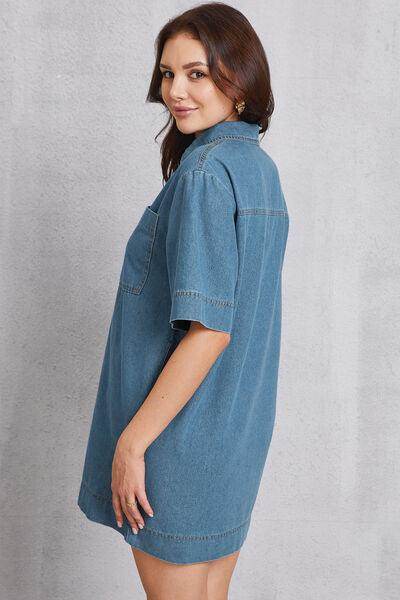 Stylish Pocketed Collared Neck Mini Denim Dress for Women