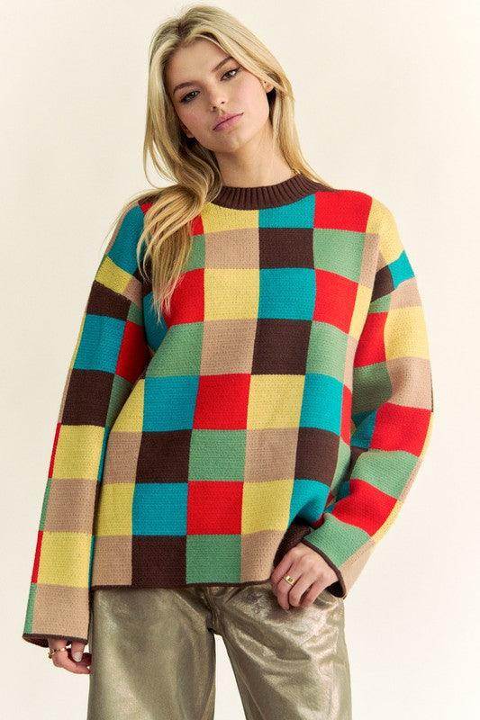Davi &amp; Dani Color Block Checkered Dropped Shoulder Sweater