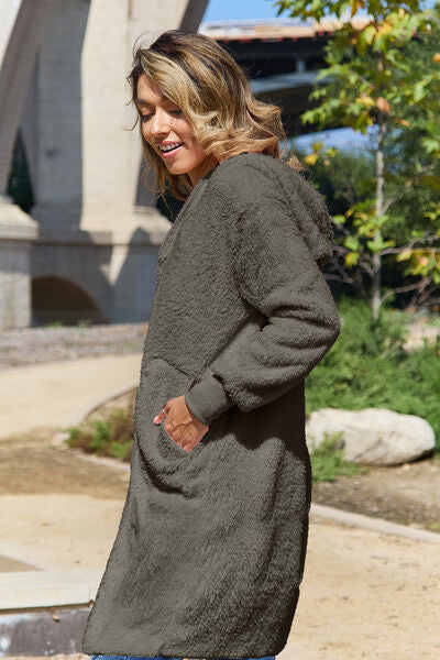 Red Double Take Full Size Hooded Teddy Bear Jacket with Thumbholes Ultra-Cozy &amp; Stylish Comfortable Outerwear