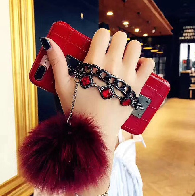 Mobile Phone Case with Fox Fur Ball Studded Anti-Fall Protection