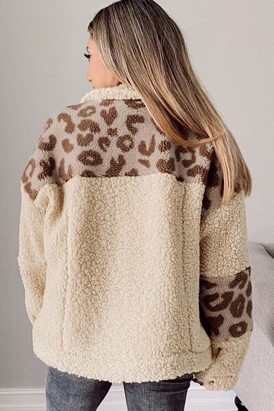 Comfortable Leopard Print Sherpa Jacket with Collared Neck And Functional Pockets Soft Women Jacket