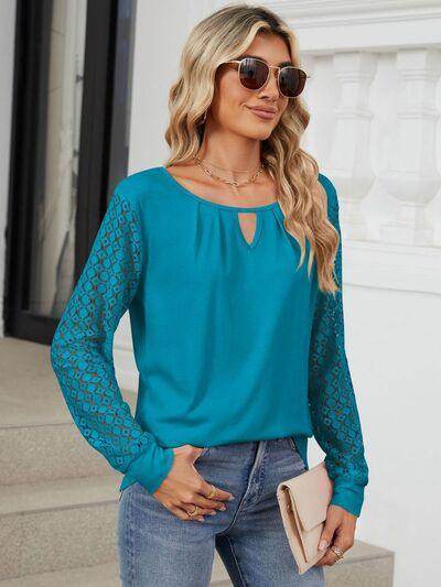 Cutout Round Neck Long Sleeve T-Shirt with Lace Detail