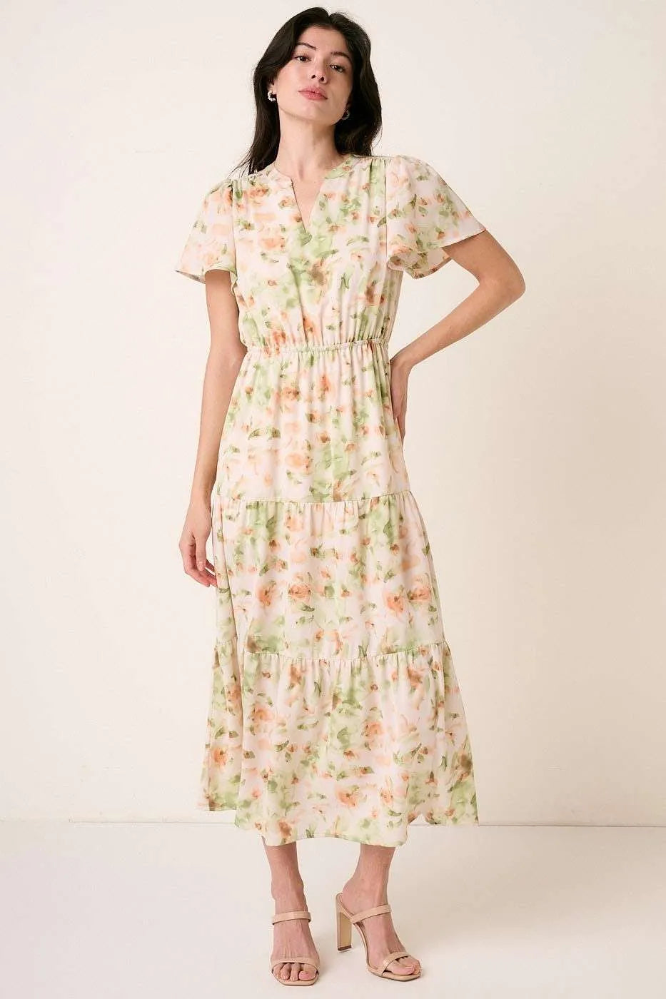 Mittoshop Flower Print Flutter Sleeve V Slit Maxi Dress