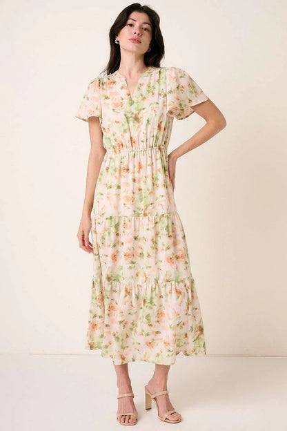 Mittoshop Flower Print Flutter Sleeve V Slit Maxi Dress