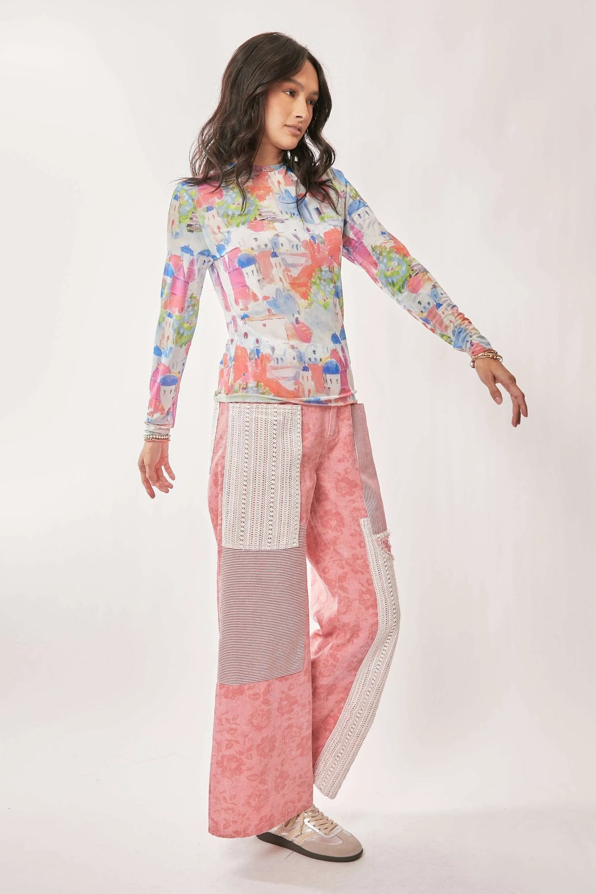Davi &amp; Dani Multi Printed Mesh Round Neck Long Sleeve Top