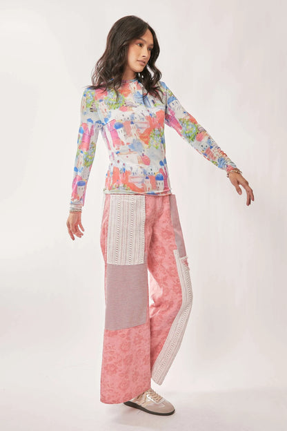 Davi &amp; Dani Multi Printed Mesh Round Neck Long Sleeve Top