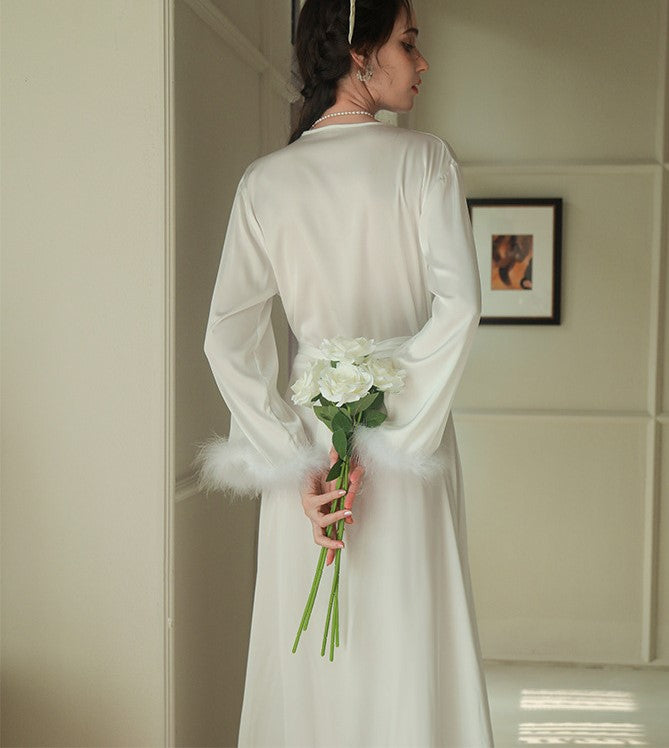 Elegant Satin Feather-Trimmed Robe &amp; Nightdress Set - Luxury Bridal &amp; Lounge Wear
